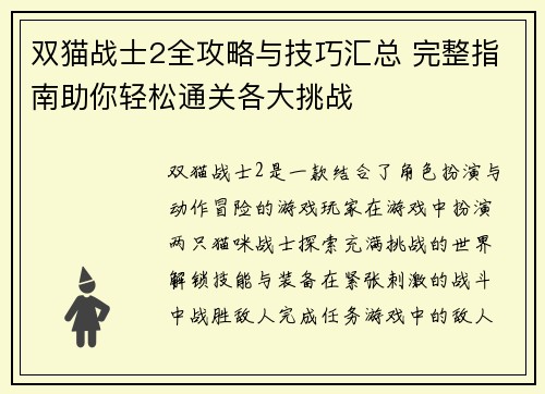 双猫战士2全攻略与技巧汇总 完整指南助你轻松通关各大挑战